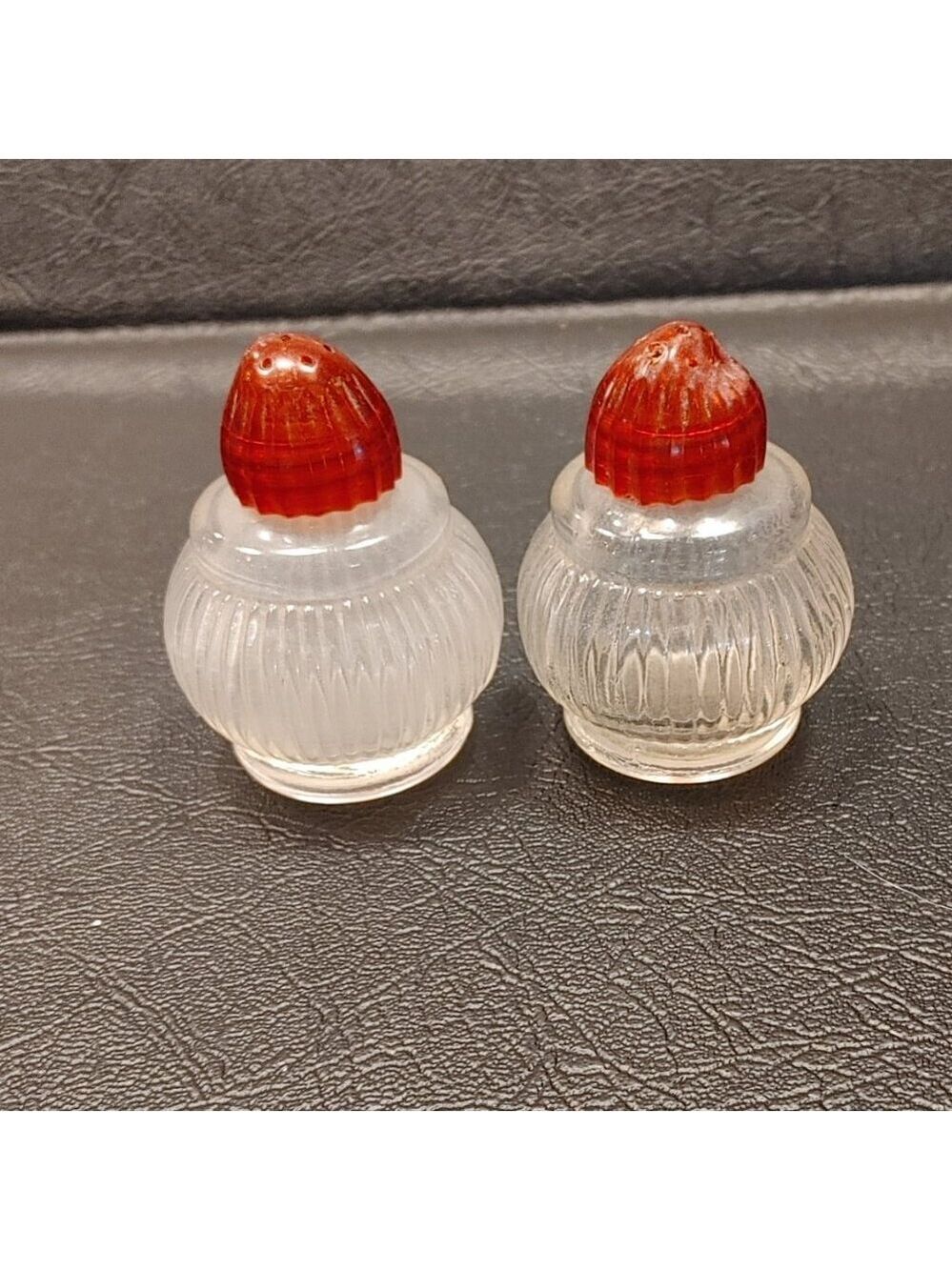 Vintage Glass Globe Ribbed Salt & Pepper Shakers w/Red Caps